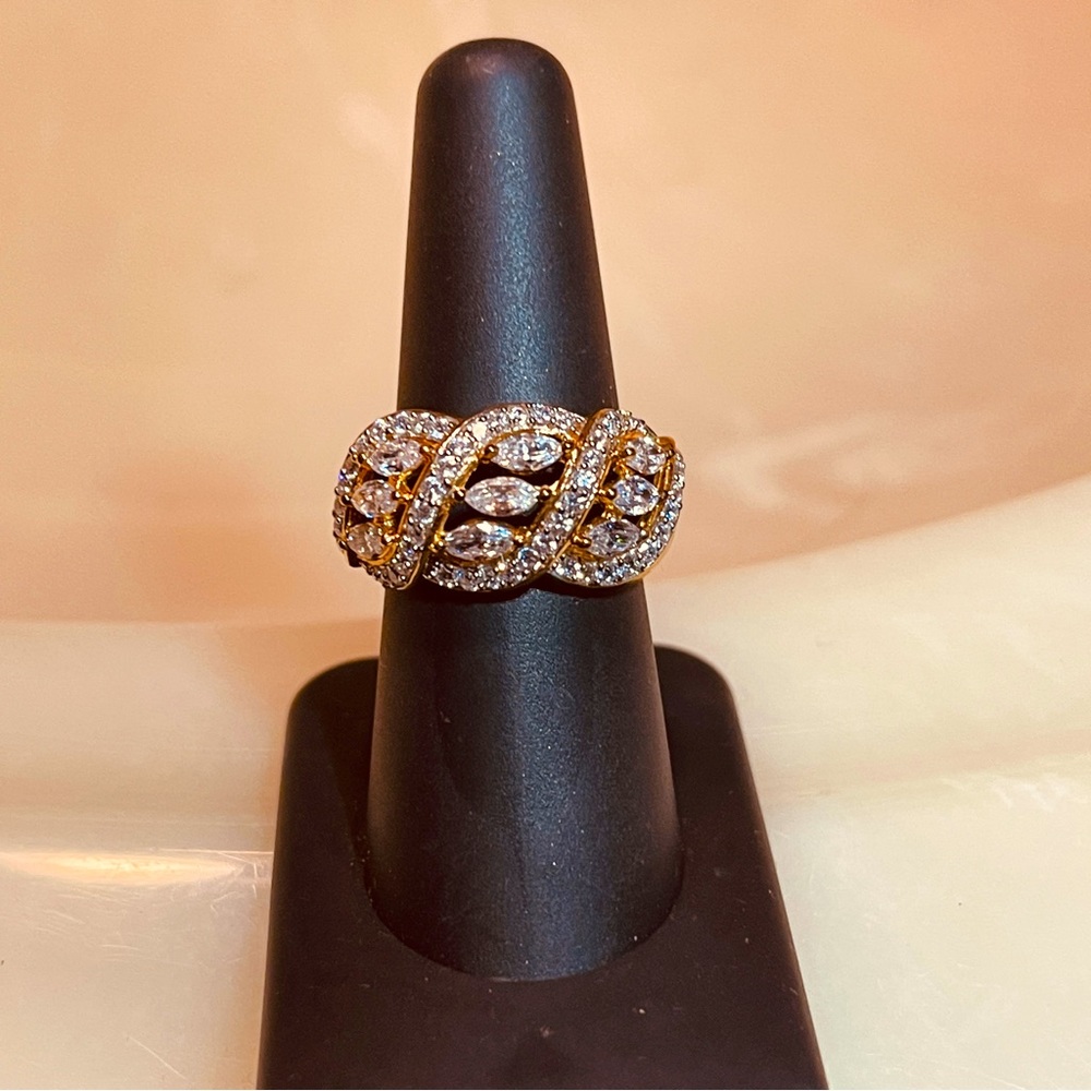 🎁Gorgeous GP 925 Sterling Silver Hatch & Line Ring w/Marquis & Round Cut Zircon